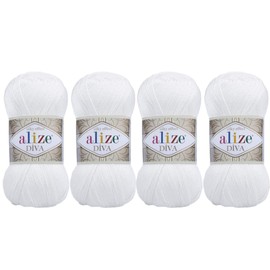 100% Microfiber Acrylic Alize Diva Silk Effect Knitting Sport Crochet Yarn Lot of 4 Ball skeins 400gr 1532yds Color (55 White)