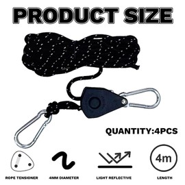 Pack of 4 4 m Reflective Guy Ropes, 4 mm Lightweight Guy Rope, Tent Cord, Adjustable Rope, Ratchet Rope for Outdoor Tent, Tarpaulin, Camping, Awning, Clothesline (Black)