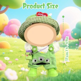 6 Pcs Green Doll Clothes for 17cm Dolls, Dolls Eyed Monster Dolls Outfit Accessories Sets Include T-shirt Bib Pants Hat Shoes Pendant Frame Girls Boys for Best Gifts, No Doll