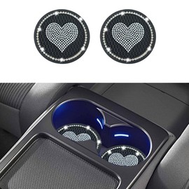2PCS Bling Car Cup Holder Coaster, 2.73 Inch Anti-Slip Shockproof Insert Coaster, Drink Cup Mat with Crystal Rhinestone Heart, Car Interior Decoration Accessories for Women (White)