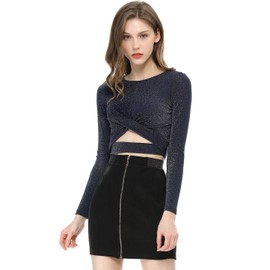 Allegra K Women's Glitter Top Twist Long Sleeve Cut Out Party Cropped Sparkly Tops Medium Dark Blue