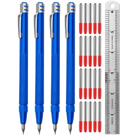 4 Pack Tungsten Carbide Scriber with Magnet, Metal Scribe, with Extra 24 Replacement Marking Tip and Steel Ruler, with Magnet and Clip, Aluminium Etching Engraving Pen for Glass/Ceramics(Blue)