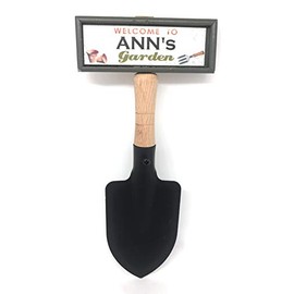 "Welcome to Ann's garden" hanging shovel sign