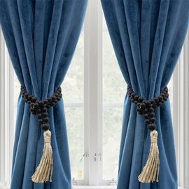 VKSG 2 Pack Wood Bead Curtain Tiebacks for Bedroom Decor Boho Farmhouse Rustic Decor, Baby Nursery Decor,Curtain Holdbacks Tie Backs,Black