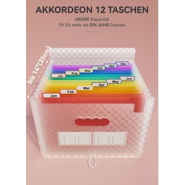 ABC life ABC life Dokumentenmappe A4 mit Gittermuster,13Fächermappe Datei Organizer,Regenbogen Akkordeon Erweiterbar Ordnungsmappe, Grosse Kapazität Dokumententasche,A4 Ordner Tragbar Sortiermappe Schule(Rosa)