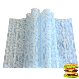 Suiwen 150 Blue Floral &Leave Printed Wax Paper, Food Picnic Paper, Greaseproof, Waterproof Dry Hamburger Liners Wrapping Tissue for Plastic Food Basket (Blue)
