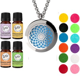 Wild Essentials Sun Mandala Necklace Essential Oil Diffuser Kit with Lavender, Lemongrass, Peppermint, Orange Oils, 12 Refill Pads, Calming Aromatherapy Gift Set, Customizable Color Changing, Perfume