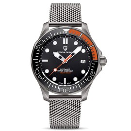 Pagani Design 1667 Men's Fashion Automatic Diving Watch NH35 Movement Rotating Ceramic Bezel Waterproof Nylon Rubber Business Sport Self-Winding Watch (Black/Orange-mesh)