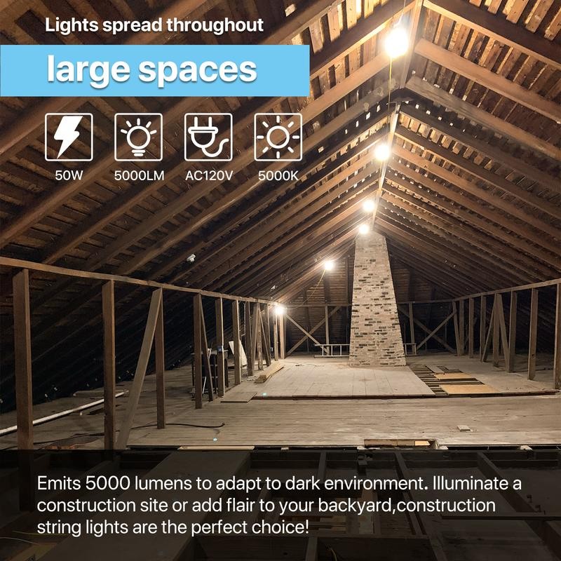 HYPERLITE Construction String Lights: 50FT/100FT 5/10 Bulbs String Work Lights