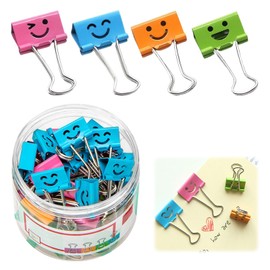 Yuiturt Pack of 40 Foldback Clips, 19 mm Coloured Paper Clips with Cute Smiling Face, Metal Clips, Smiley Colourful Smile Clips, Binder Clips, Paper Clips