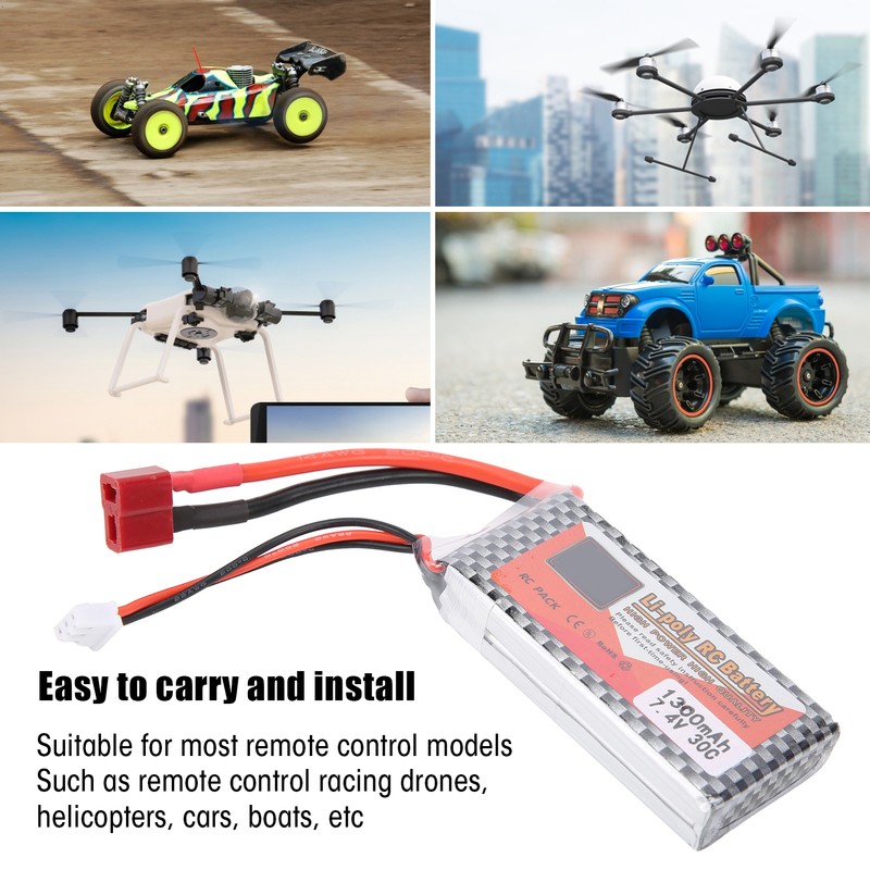 7.4V 1300mAh 30C Lipo Battery with T Plug Rechargeable Lithium
