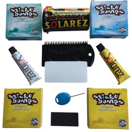 Sticky Bumps Wax plus Solarez UV Cure Resin Ding Repair Kit and 2 Bars of Tropical Wax, 1 Bar Base Coat, 1 Bar Cool Wax and a Flexcomb to Clean Your Board