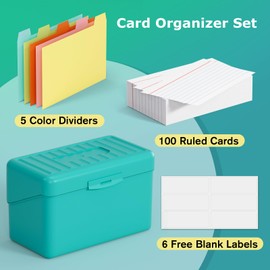 MaxGear Index Card Holder Set, 3x5 Index Card Organizer with Dividers, Plastic Index Card Box for Flash Cards, Note Cards, Recipe Cards, 5 Color Index Cards, 100 Ruled Cards, 300 Card Capacity, Blue