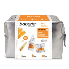Babaria Kit Ritual Vitamina C, Set de 3 Productos, Crema Facial+ Sérum + Ampolla+ GRATIS Cosmetiquera Plata, Tratamiento Antioxidante con Luminosidad, Reduce las manchas, Antioxidante, Textura fresca y ligera, Absorción rápida, Apto para todo tipo de pie