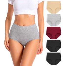 dmuveo Womens Cotton High Waisted Underwear Tummy Control Full Coverage Postpartum Ladies Panties C Section Soft Briefs 5 Pack Plus Size 6, Medium