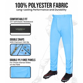 Exxact Sports Proline Full Length Baseball Pants Youth & Adult with Stripes, Relaxed Fit Open Bottom Men/Boys Baseball Pants (Sky Blue/White, AL)