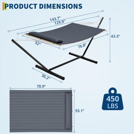 Double Hammock with Space Foldable Saving Steel Stand Included 2 Person Heavy Duty Outside Garden Yard Outdoor 450lb Capacity for Garden, Camping & Patio