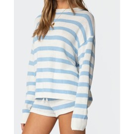 Betrodi Women Y2k Striped Knit Sets 2 Piece Oversized Long Sleeve Color Block Sweater Pullover Top Micro Shorts Loose Matching Sets (Cute Blue, S)