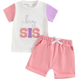 Toddler Baby Boys Girls Summer Clothes Big Brother Sister Little Bro Sis Siblings Matching Outfits T Shirt Shorts Set(Big Sis Pink,2-3Y)