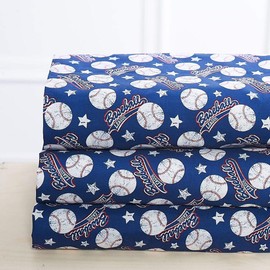 Elegant Home Blue White Red Baseball League Sports Design 4 Piece Printed Sheet Set with Pillowcases Flat Fitted Sheet for Boys/Kids/Teens # Baseball (Queen Size)