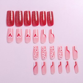 Valentine's Day Fake Nails Red White Flower Heart Press on Nails Medium Length Acrylic Nails Glossy Square Glue on Nails Reusable Full Cover Stick on Nails for Women Romantic Manicure Design