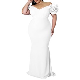 Women's Plus Size Off Shoulder Backless Floor Length Bodycon Maxi Fishtail Prom Dress White XXL
