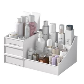 Cosmetic Organiser with Drawers - Compact Makeup Storage Box with Multiple Compartments for Sink, Dressing Table Organiser Box for Bedroom, Bathroom (White)