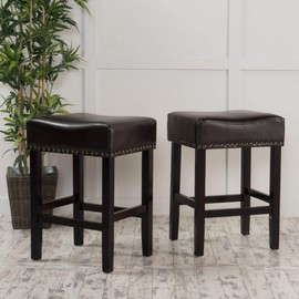 Christopher Knight Home Lisette Backless Leather Counter Stools, 2-Pcs Set, Black