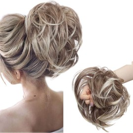 Large Updo Messy Bun Hair Extension Wavy With Elastic Rubber Band 80G Synthetic Thick Chignon Donut Ponytail Hairpiece For Women, Maroon & Bleach Blonde