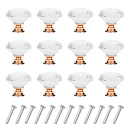 YourGift 12 Pack Drawer Knobs Diamond Shaped Crystal Glass 30mm Cabinet Knobs Pull Handles (Rose Gold)