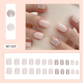 24 Pcs White Press on Nails Short Square - MINGCHUN Fall Fake Nails Press ons Nail Art Tips with Glitter Design Full Cover Acrylic False Nails Glue on Nails Stick on Nails Art Kit forWomen Gilrs
