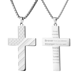 Cross Necklace for Men Stainless Steel 18K Real Gold Silver Plated American Flag Pendant Box Chain Bible Verse Cross Necklaces Graduation 4th of July Gifts Mens 18 Inch