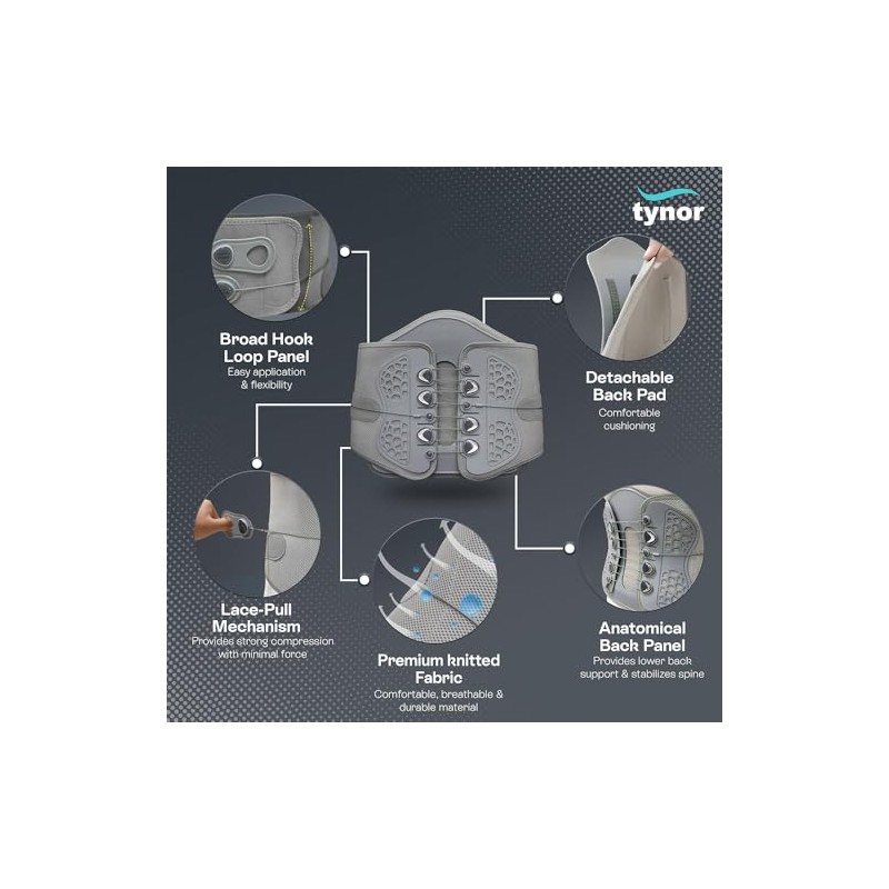 Tynor Lumbo Lacepull Brace, Grey, XXL, 1 Unit