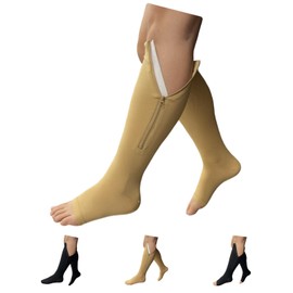 HealthyNees 20-30 mmHg Zipper Compression Leg Closed Open Toe Silicone Band Socks (Open Toe Nude, 3X-Large)
