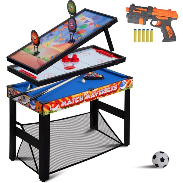RayChee 36” 4-in-1 Multi Game Table, Combo Game Table Set for Kids, Childrens, Combination Arcade Set w/Pool Billiards, Air Hockey, Soccer, Shooting Game for Home, Game Room (Blue& Red)