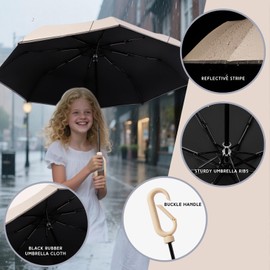 Foldable Windproof Ring Buckle Umbrella with Protect the Reflective Strip Rain and Sun Weather Resistant UV Guarded Sophisticated Manual 8-Bones Umbrella for Travel and Work-Light Green
