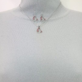 Fashion Jewelry N0183 Dainty Silver Color Pink Rhinestones Heart Love Pendant Necklace Earrings