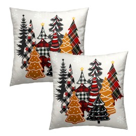 Christmas Throw Pillow Covers 18x18 Set of 2, Vintage Buffalo Plaid Xmas Pine Trees Gingerbread Decorative Pillowcases Square Cushion Cover for Living Room Bedroom Couch Sofa Decor