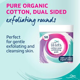 Lil-Lets Cotton Exfoliating Rounds x 50 Count (1 Pack), 100% Pure Cotton, Certified Organic, Soft and Gentle Exfoliation, Dermatologically Tested, Suitable for All Skin Types.