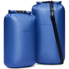 Bee Nesting Ultralight Dry Bag Large 3 Piece Set - Waterproof Siliconized Dry Sack Accessory for Lightweight Travel, Boating, Kayaking, Camping, Swimming(Navy Blue, 12L 20L & Shoulder Strap 3 Pack)