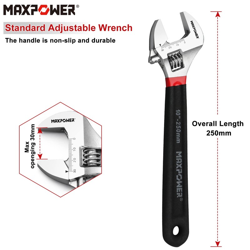 MAXPOWER Adjustable Spanner 250mm (10-Inch), Adjustable Wrench Shifter Spanners with