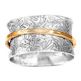 Boho-Magic Sterling Silver Fidget Rings for Women – 925 Spinner Ring with Brass Fidget – Sterling Silver Spinner Ring for Women – Flower Band for Style, Relaxation & Focus