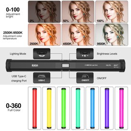 RGB Photography Light Wand Stick, 360° Full Color Portable LED Lighting Wand Handheld 5000mAh Rechargeable Battery & Magnet with 27"-80" Tripod Stand-2 Pack