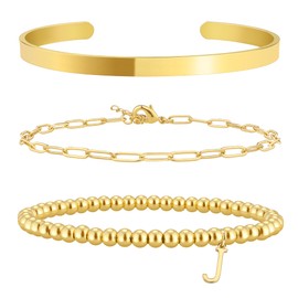 Gold Initial Bracelets Stack for Women Non Tarnish Dainty Gold Bracelet Jewelry Set for Women Trendy Letter J