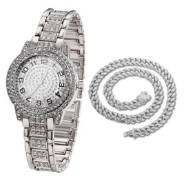Halukakah Diamonds Gold Watch Iced Out for Boy Teens Kids - Platinum Plated, Arabic Numerals Round Dial, Japanese Quartz - 7.7" Length - Comes with Cuban Chain 16" - for Birthday, Parties