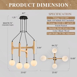 Natural Farmhouse Wood Chandeliers Vintage Milk Glass Pendant Light L24 '' Mid Century Long 4-Light Black Hanging Fixture for Living Dining Room Entryway Foyer Bedroom Kitchen,G9