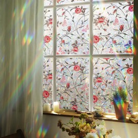 Window Privacy Film Stained Glass 3D Rainbow Daisy Static Cling Decorative Window Film for Bathroom,Front Door,Home Window Sticker Heat Control UV Blocking Non Adhesive Pink Flower