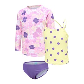 Moon Tree Big Girls 3 Piece Long Sleeve Rash Guard Swimsuits Set Tankini Bathing Suits for Girls Beach Swimwear Yellow Purple Size 12/10-12 Years