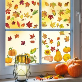 Fall Window Clings Double Sided Pumpkin Leaves Window Stickers Removable Autumn Thanksgiving Window Clings for Glass Window Decorations