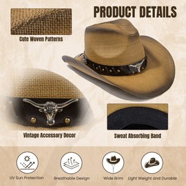 Straw Cowboy Hat Western Style Classic Cowgirl Hat, Dark Brown, One size